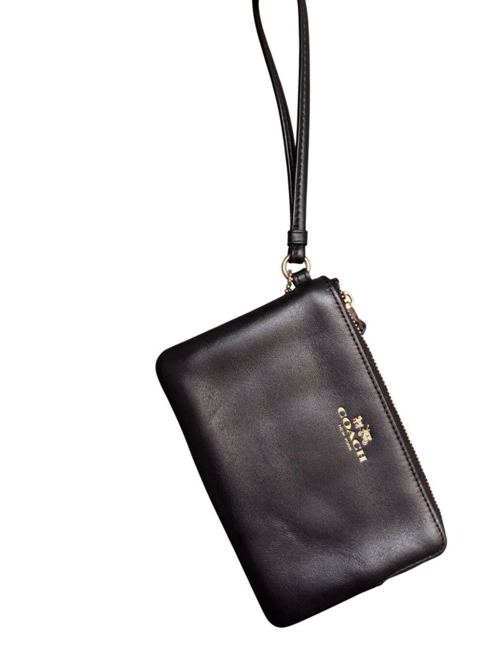 Coach Embossed Small L-Zip Wristlet Wallet Light Gold Black Leather